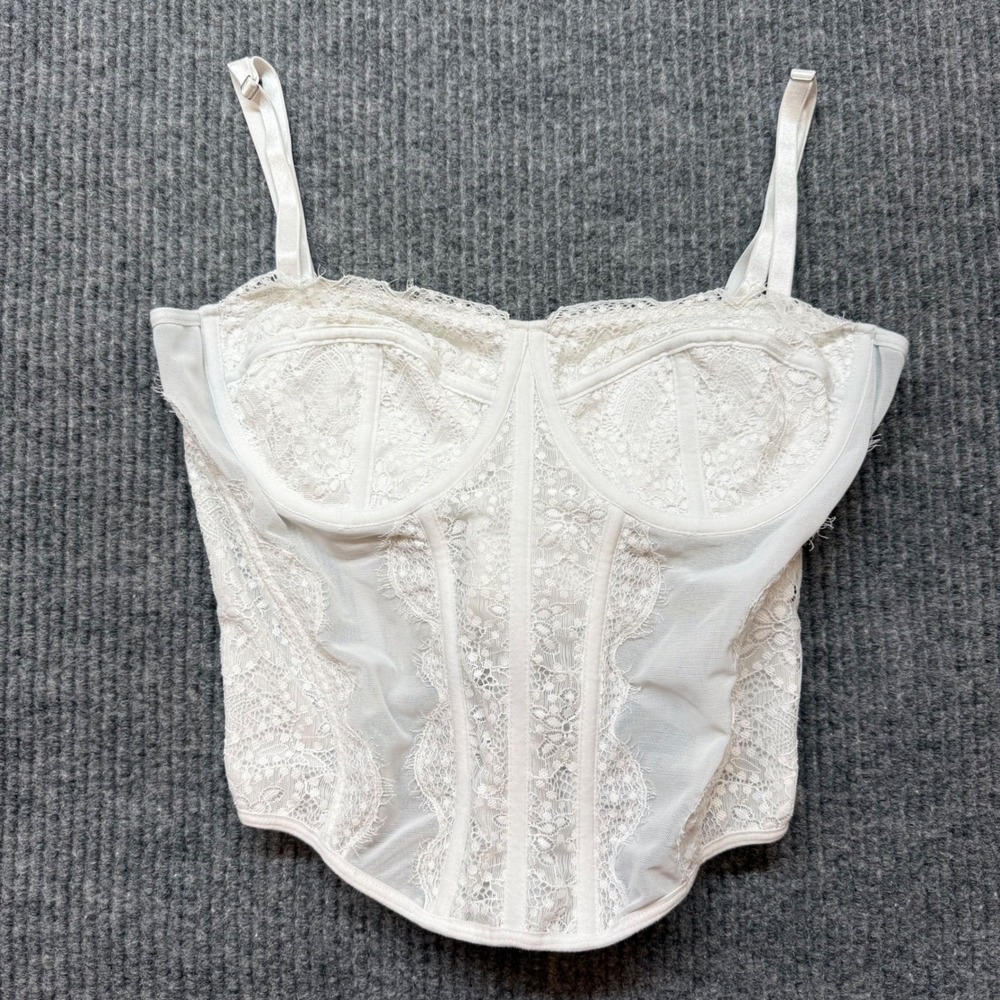 Ivory Lace Corset Top M Y2K‎ Coquette Mesh Bustier Crop Cami Chic